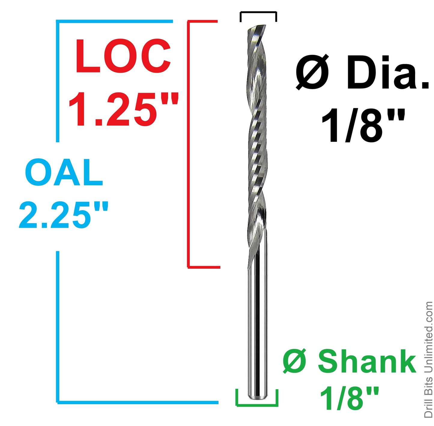 Dimensional drawing of 1/8 inch single O-flute carbide end mill showing 1.25 inch flute length, 2.25 inch OAL, and 1/8 inch shank
