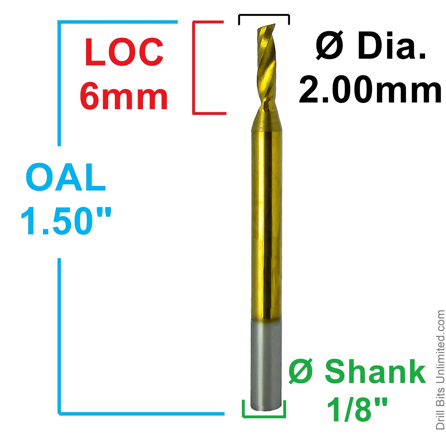 Dimensional drawing of 2.00mm single O-flute TiN coated carbide end mill showing 6mm flute length, 1.50 inch OAL, and 1/8 inch shank