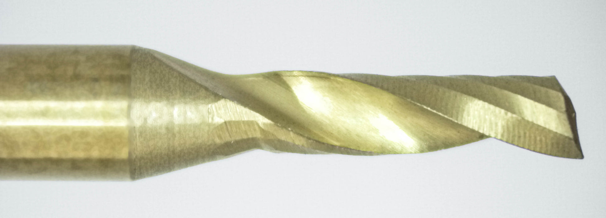 Close-up of cutting end on 2.00mm single O-flute TiN coated carbide end mill