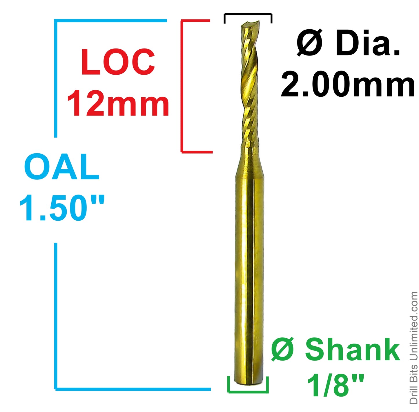 Dimensional drawing of 2.00mm single O-flute TiN coated carbide end mill showing 12mm flute length, 1.50 inch OAL, and 1/8 inch shank