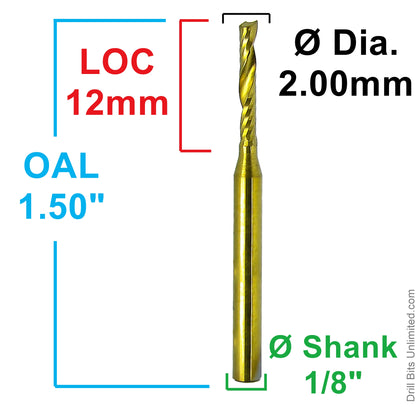 Dimensional drawing of 2.00mm single O-flute TiN coated carbide end mill showing 12mm flute length, 1.50 inch OAL, and 1/8 inch shank