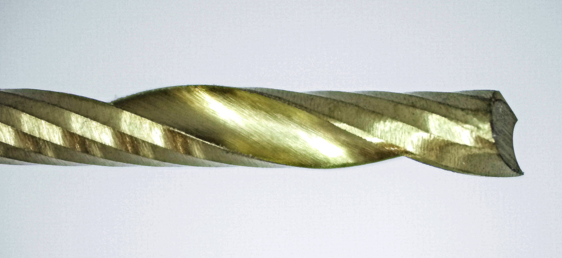Close-up of cutting end on 2.00mm single O-flute TiN coated carbide end mill