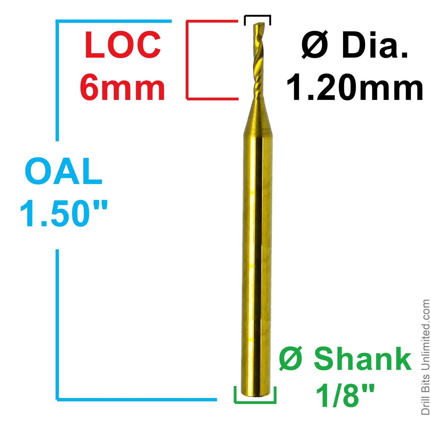 Dimensional image of single O-flute titanium coated carbide end mill showing .0472 inch 1.20mm diameter, 6mm LOC, 1.50 inch overall length, and 1/8 inch shank