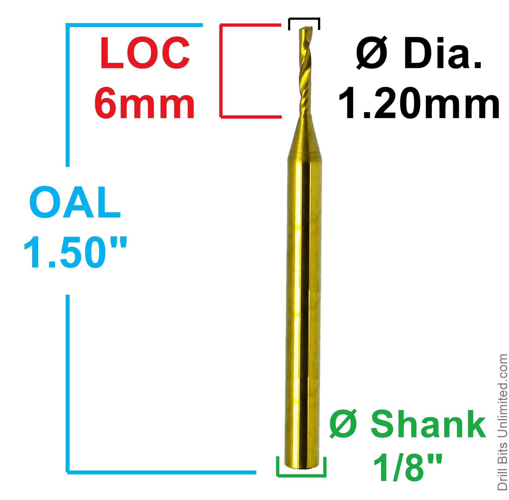 Dimensional image of single O-flute titanium coated carbide end mill showing .0472 inch 1.20mm diameter, 6mm LOC, 1.50 inch overall length, and 1/8 inch shank