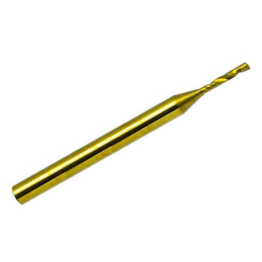 Single O-flute titanium coated carbide end mill with .0472 inch 1.20mm cutting diameter, 6mm LOC, and 1/8 inch shank