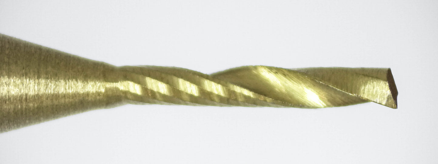 Close-up of cutting end on 1.50mm single O-flute TiN coated carbide end mill