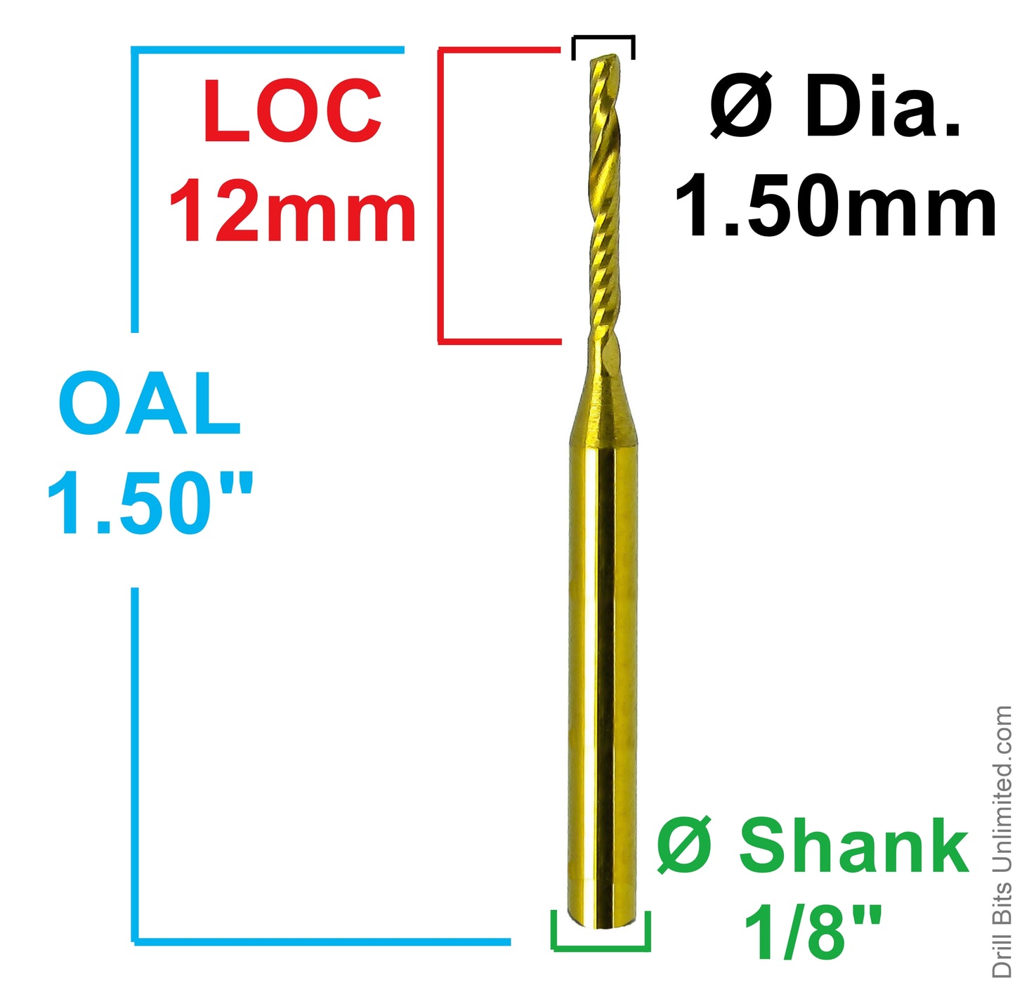 Dimensional drawing of 1.50mm single O-flute TiN coated carbide end mill showing 12mm flute length, 1.50 inch OAL, and 1/8 inch shank