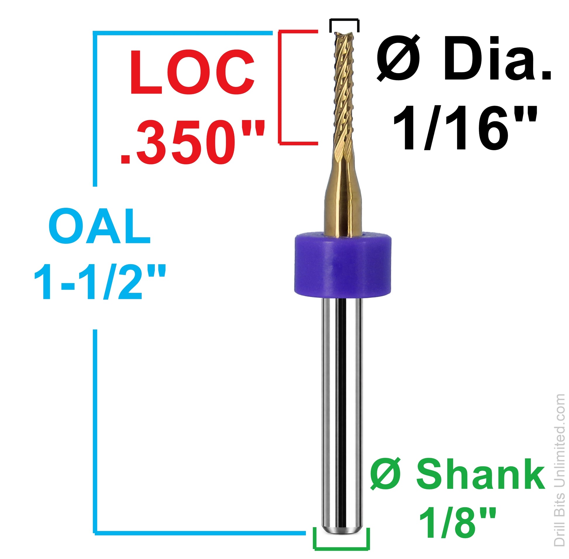Dimensional image of M142 diamond pattern carbide router bit showing 1/16 diameter, .350 LOC, 1.50 overall length, and 1/8 shank