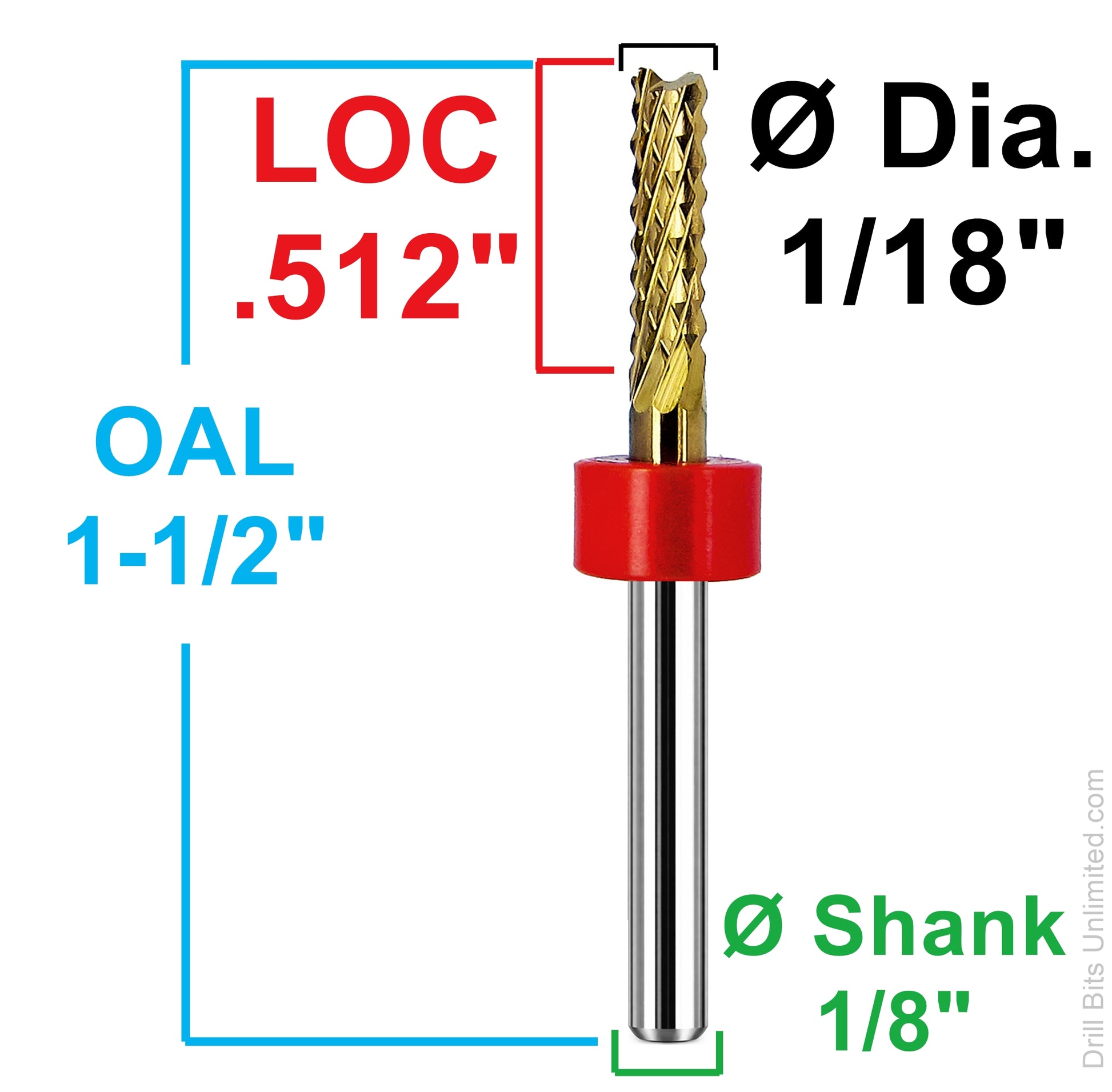 Dimensional image of M143 carbide router bit showing 1/8 diameter, .512 LOC, 1.50 overall length, and 1/8 shank