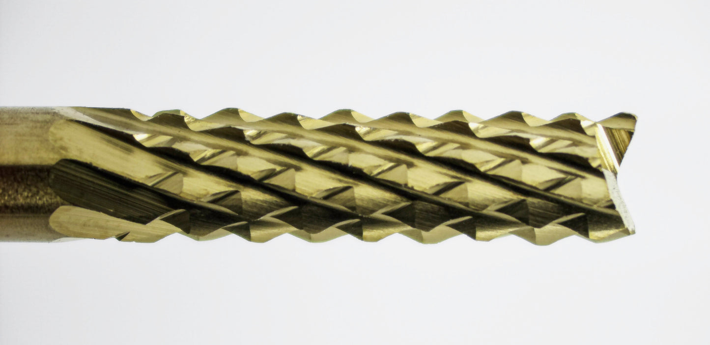 Close-up of diamond pattern cutting flutes on 1/8 TiN coated carbide router bitide-router-bit-flute-closeup
