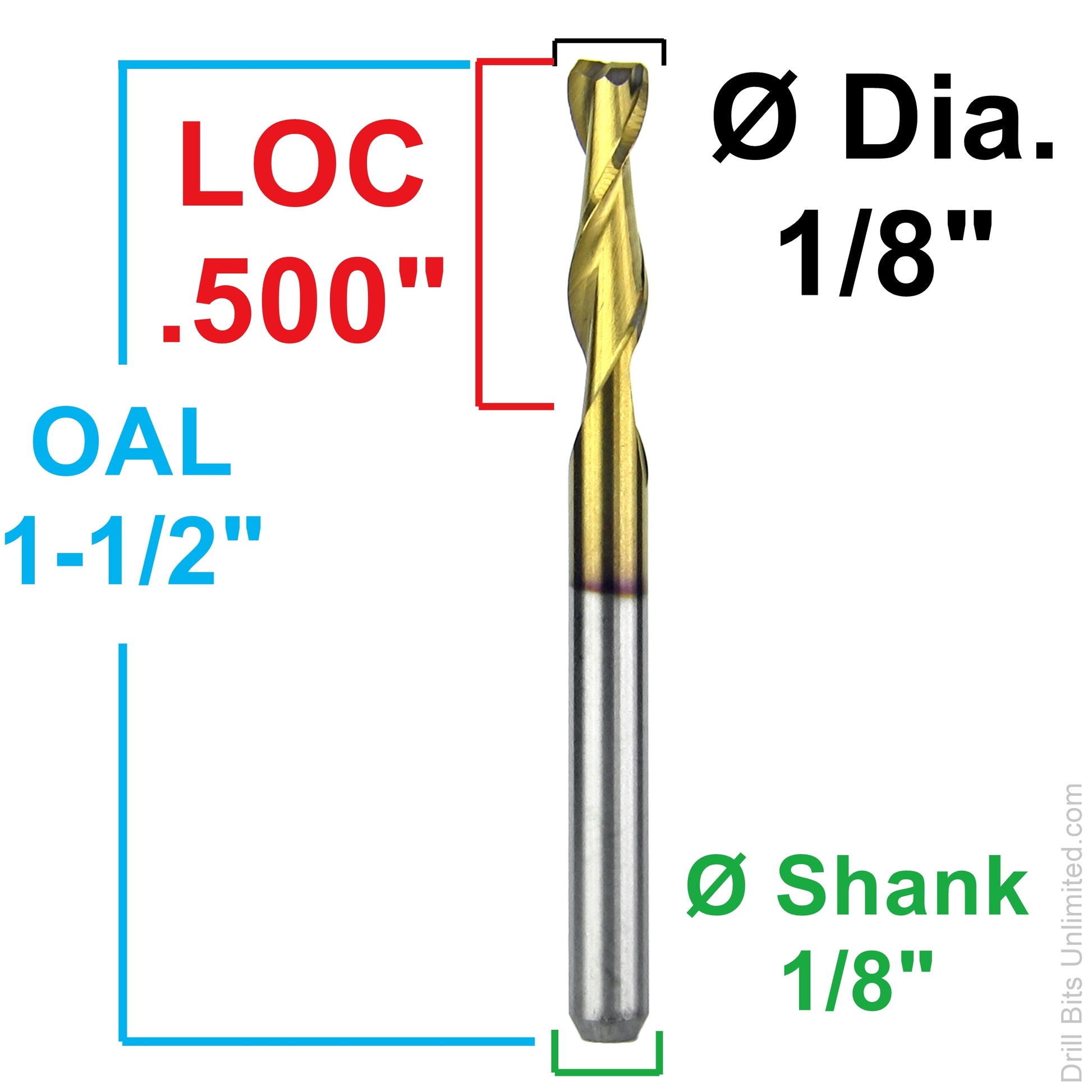 Dimension image for 1/8 inch TiN coated 2-flute carbide end mill showing .500 inch LOC, 1.50 inch OAL, and 1/8 inch shank