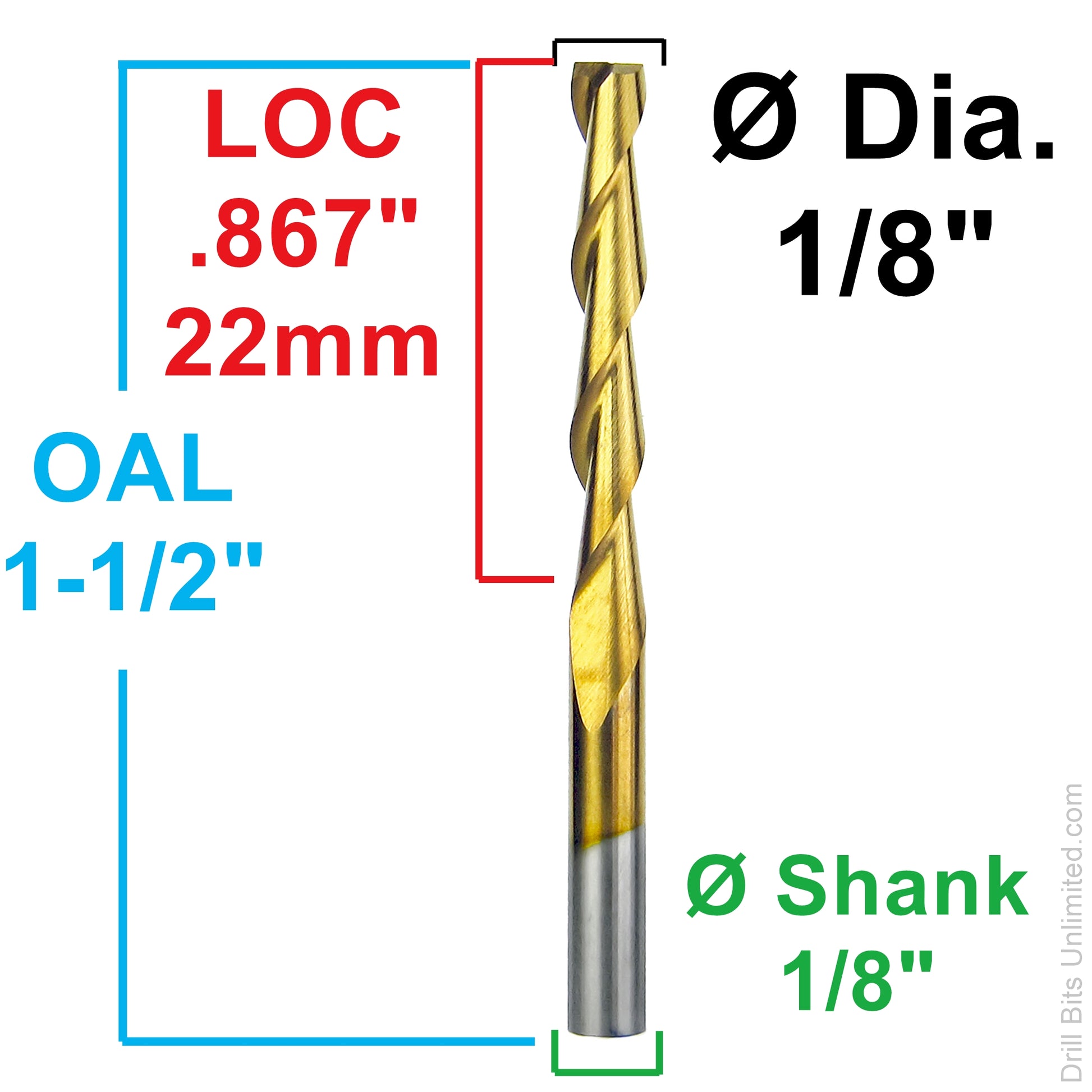 Dimension image for 1/8 inch TiN coated carbide end mill showing .867 inch LOC, 1.50 inch OAL, and 1/8 inch shank