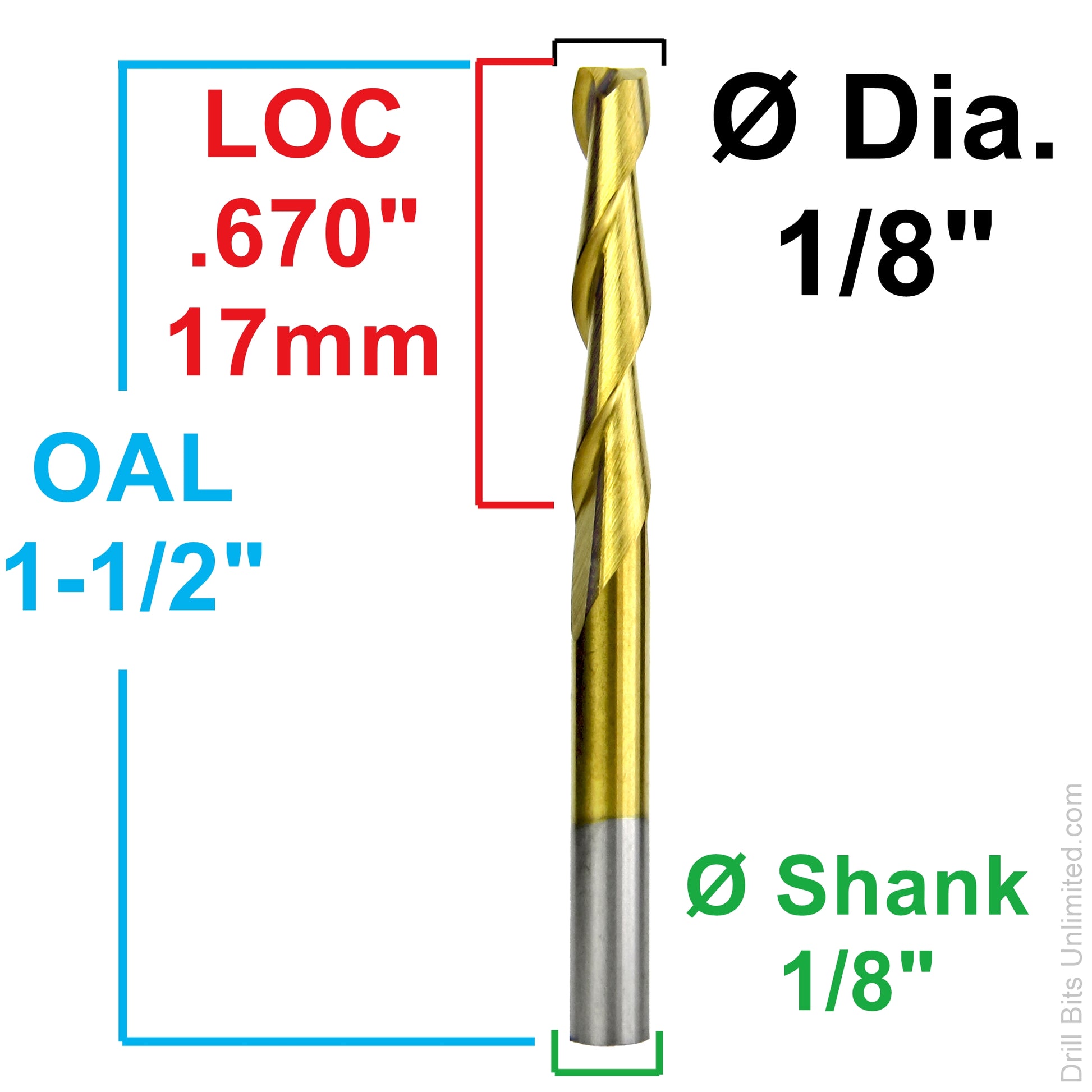 Dimension image for 1/8 inch TiN coated carbide end mill showing .670 inch LOC, 1.50 inch OAL, and 1/8 inch shank