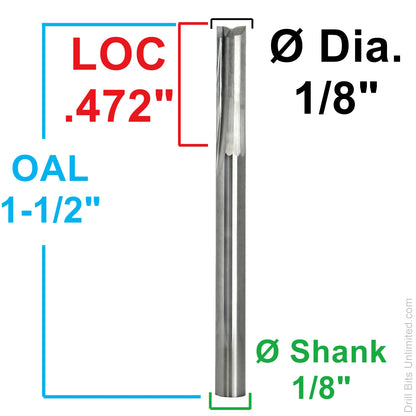 Dimension diagram for 1/8 inch straight flute carbide end mill showing .472 inch LOC, 1.50 inch OAL, and 1/8 inch shank