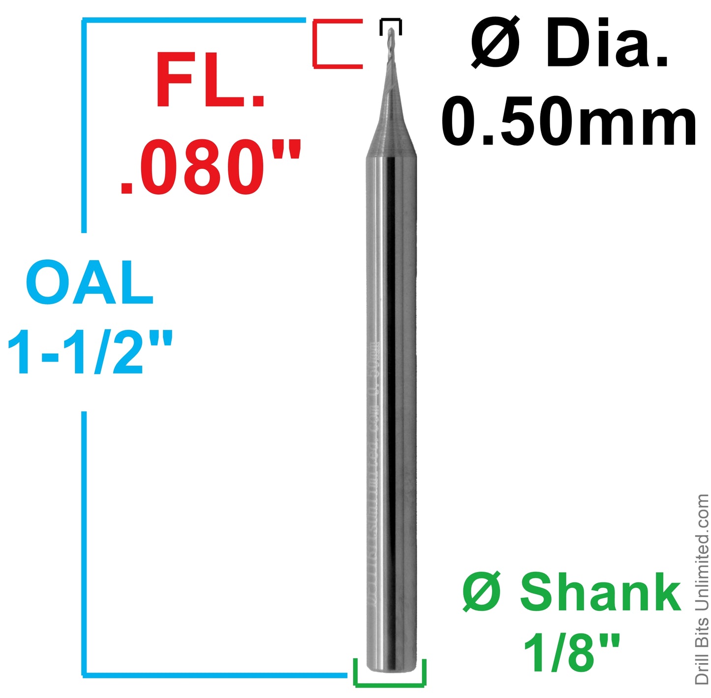 0.50mm ball nose end mill dimensions 0.080 loc 1/8 shank