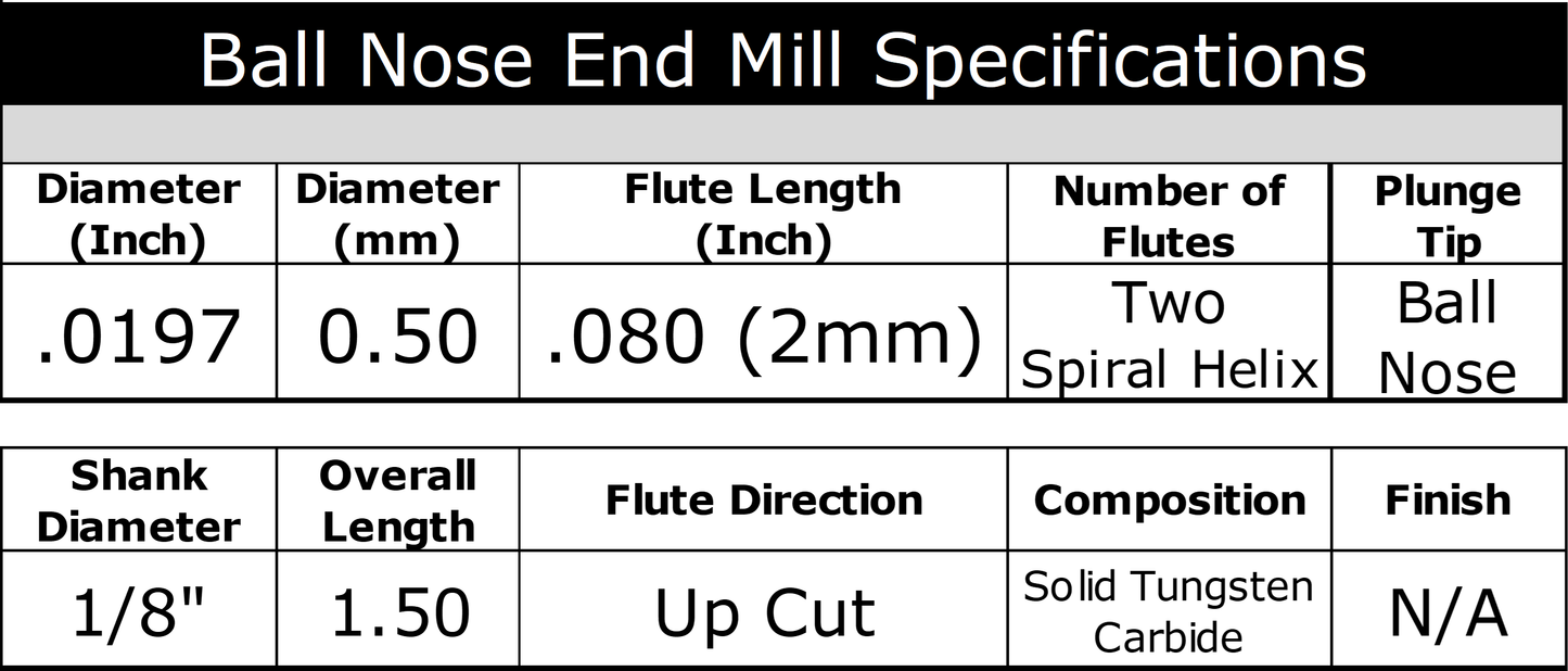 0.50mm ball nose carbide end mill specifications