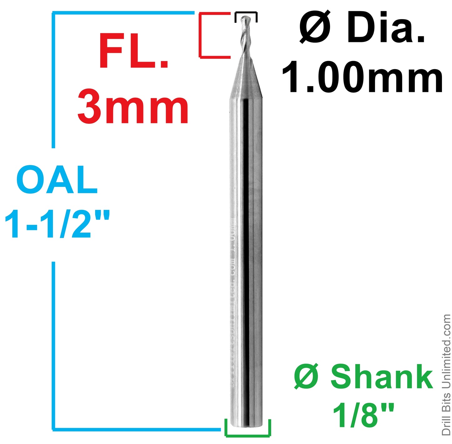 1mm ball nose end mill dimensions 3mm loc 1/8 shank