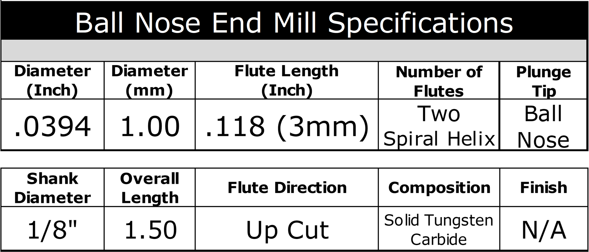 1mm ball nose carbide end mill specifications