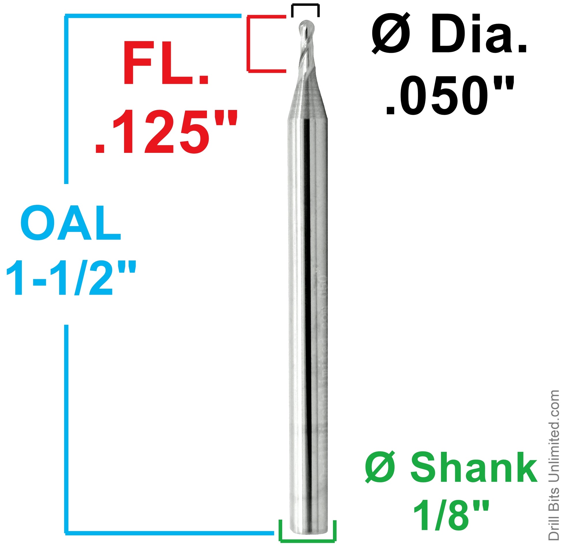 .050 ball nose end mill dimensions .125 loc 1/8 shank