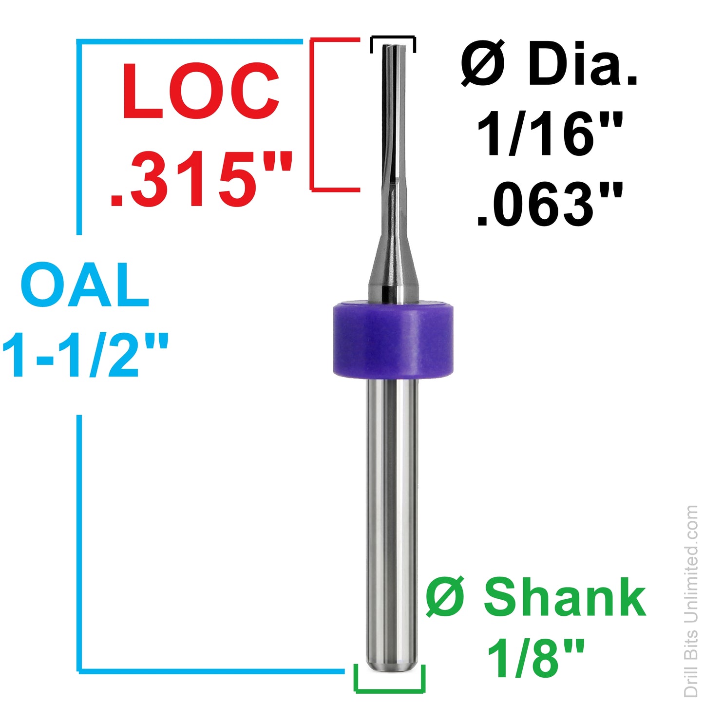 Dimension diagram for Kyocera 1/16 inch 3-flute square end carbide end mill showing .315 inch LOC, 1.50 inch OAL, and 1/8 inch shank