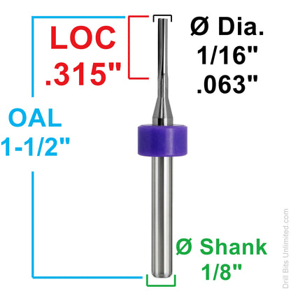 Dimension diagram for Kyocera 1/16 inch 3-flute square end carbide end mill showing .315 inch LOC, 1.50 inch OAL, and 1/8 inch shank