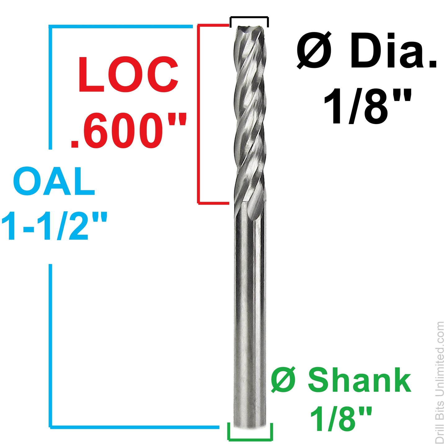 Dimension diagram for 1/8 inch carbide end mill showing 0.600 inch LOC, 1-1/2 inch OAL, and 1/8 inch shank