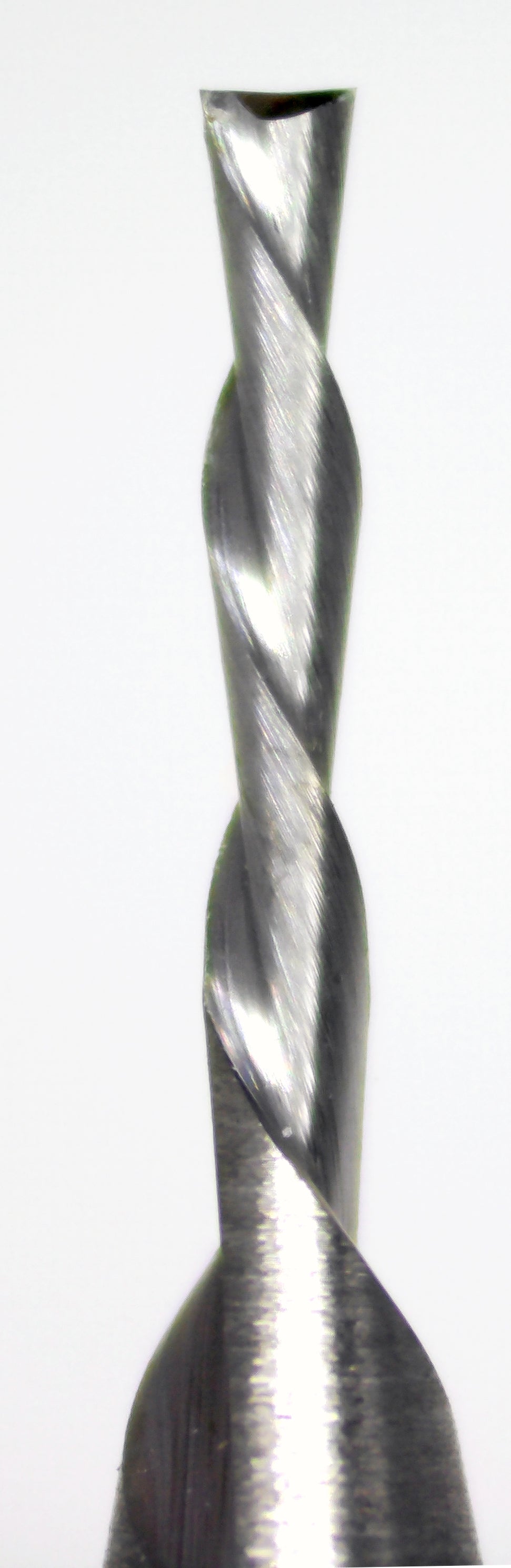 Close-up of 1/32 inch down-cut spiral end mill showing carbide flutes
