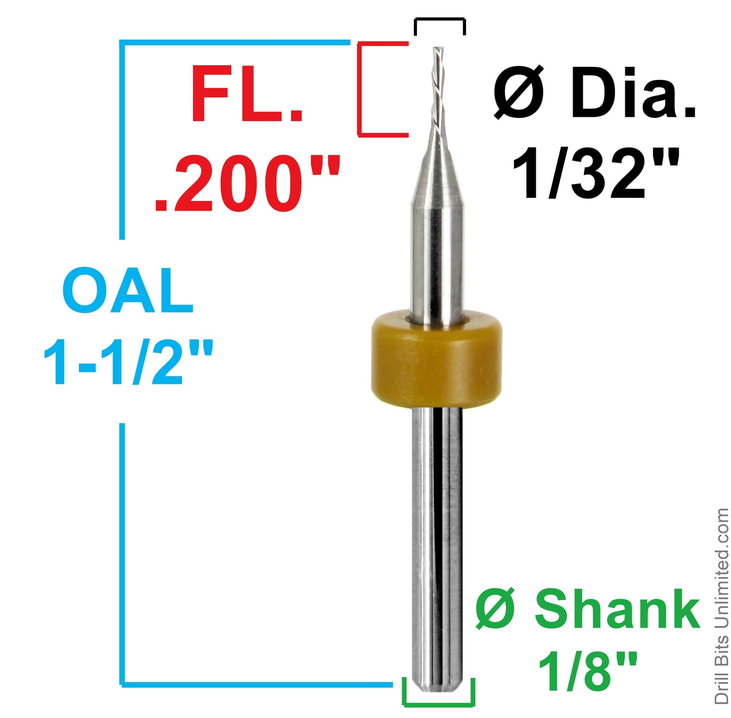 1/32" down-cut end mill dimensions with 0.200" cutting depth and 1/8" shank