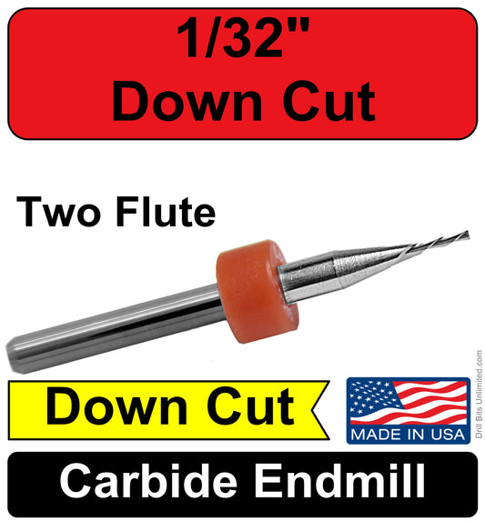 1/32" x .200" LOC Two Flute Down Cut End Mill Left Hand Helix Right Hand Cut M190