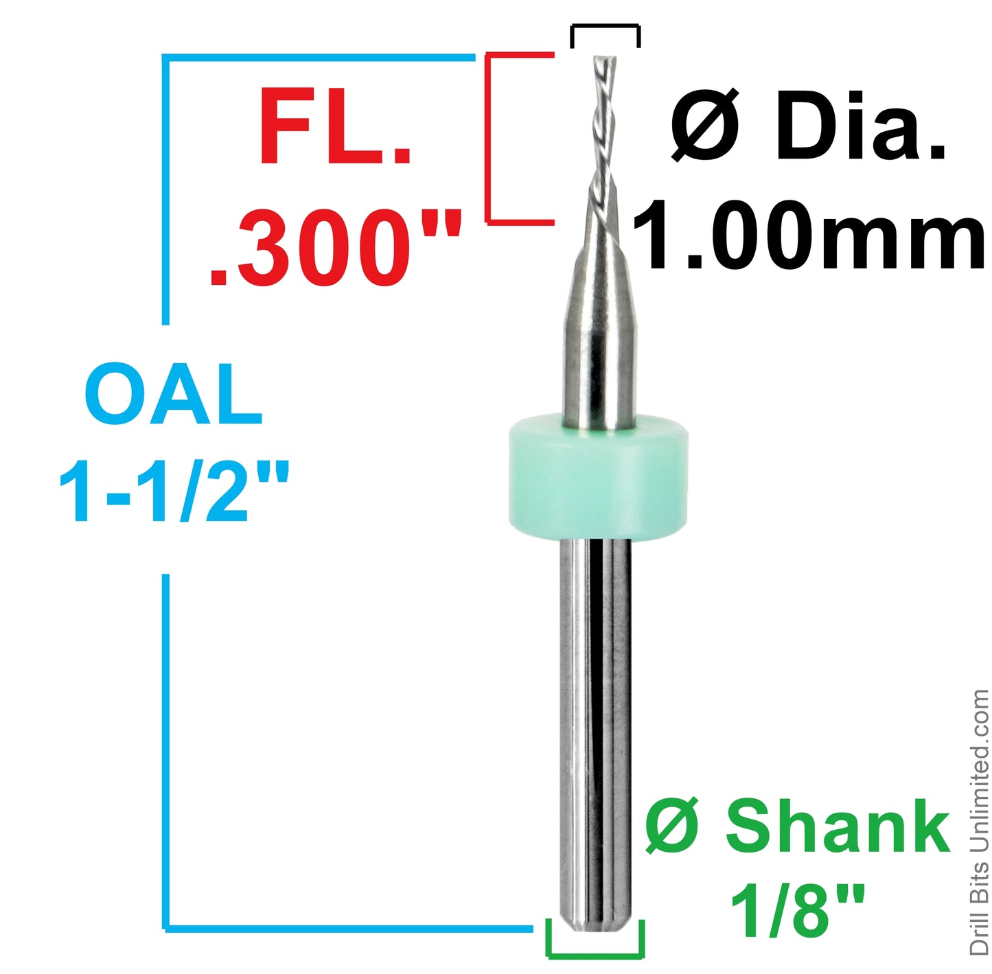 1.00mm down-cut end mill with 0.300" cutting depth and 1/8" shank dimensions
