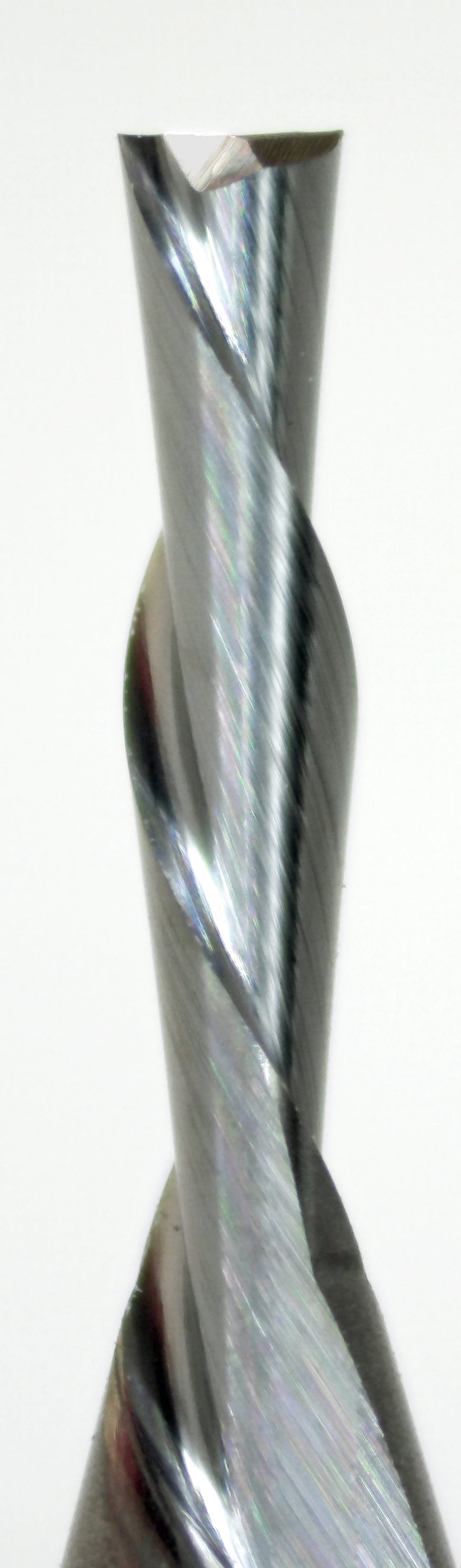 Close-up of 1/16 inch down-cut spiral end mill showing carbide flutes
