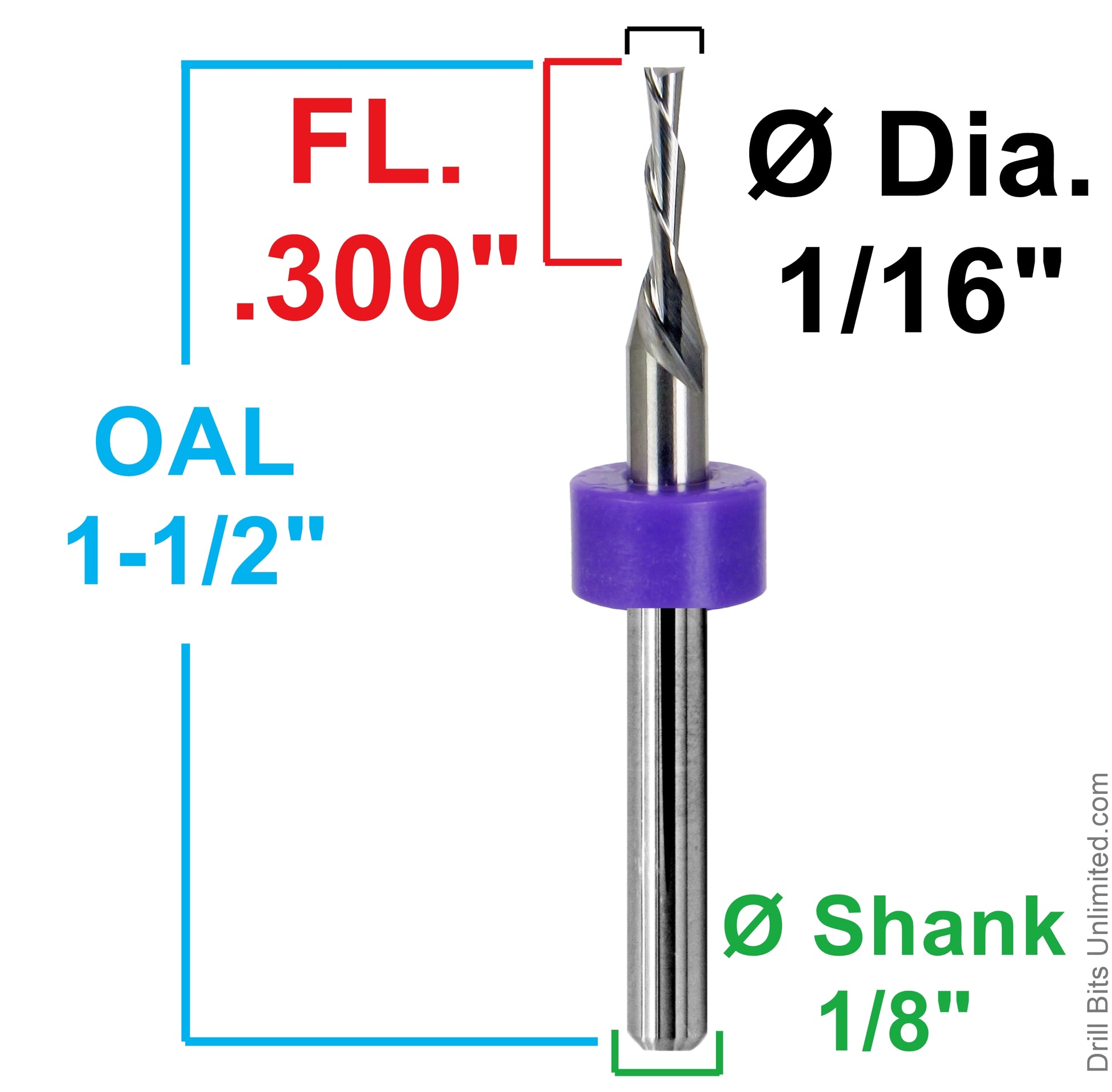 Dimension image for 1/16 inch down-cut carbide end mill showing .300 inch flute length, 1.50 inch OAL, and 1/8 inch shank