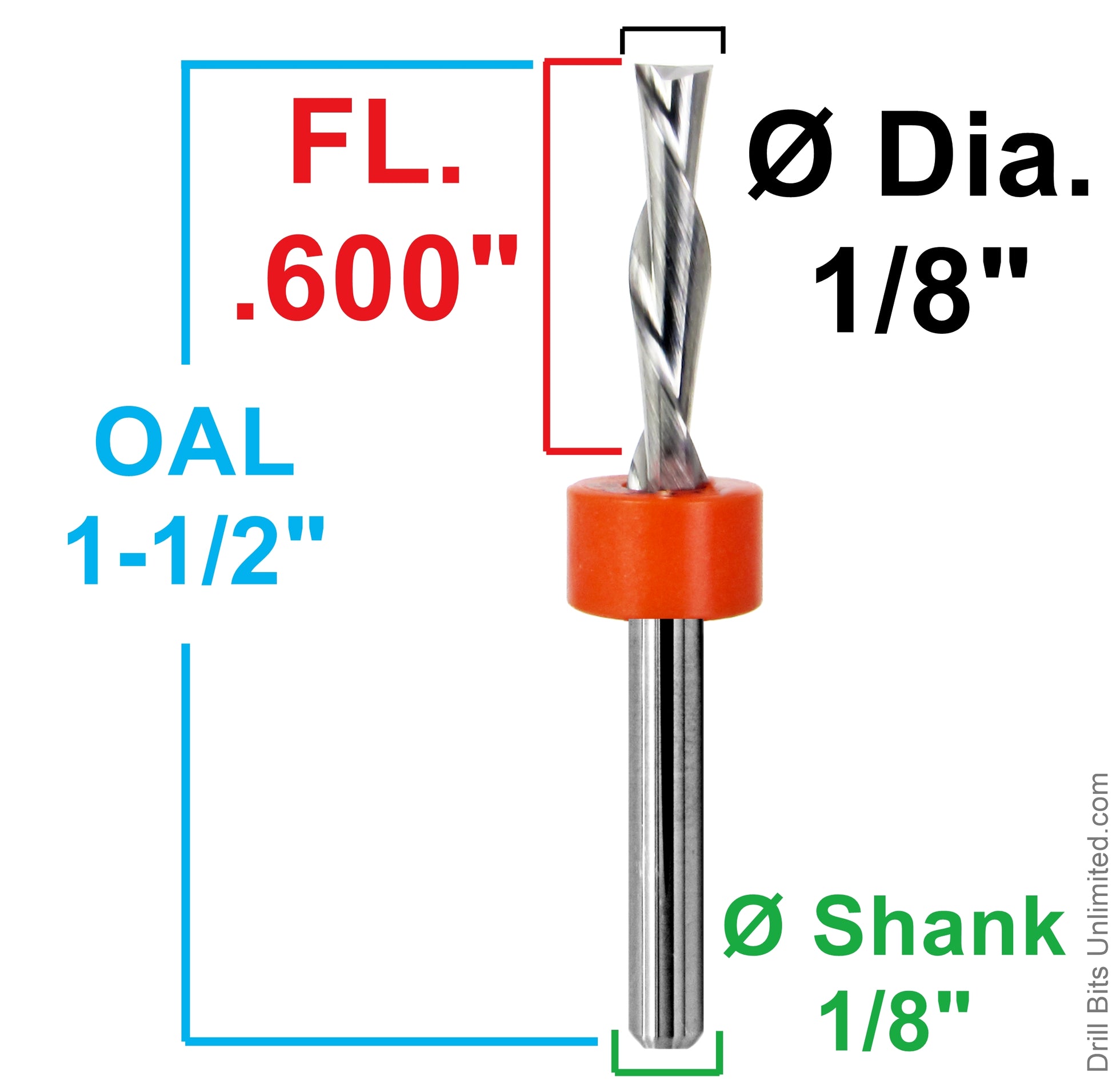 1/8" down-cut end mill with 0.600" cutting depth and 1/8" shank dimensions
