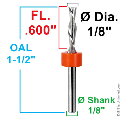 Dimension image for 1/8 inch down-cut carbide end mill showing .600 inch flute length, 1.50 inch OAL, and 1/8 inch shank