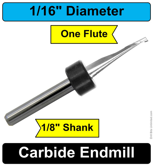 1/16" One Flute Carbide End Mill Bits for Copper, Aluminum, Brass, Plastics, soft materials URO105