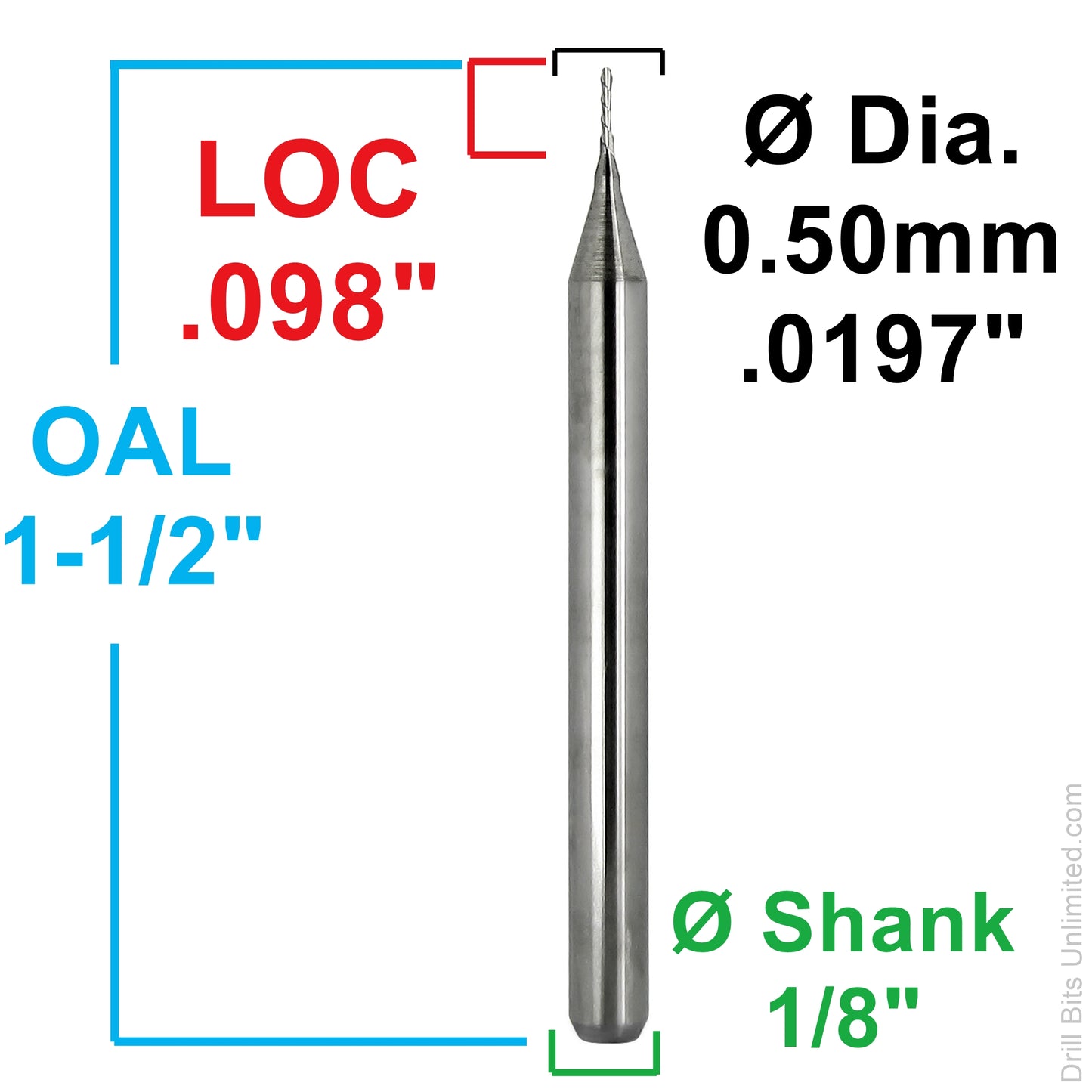 Dimension diagram for 0.50mm down-cut carbide end mill showing .098 inch LOC, 1.50 inch OAL, and 1/8 inch shank