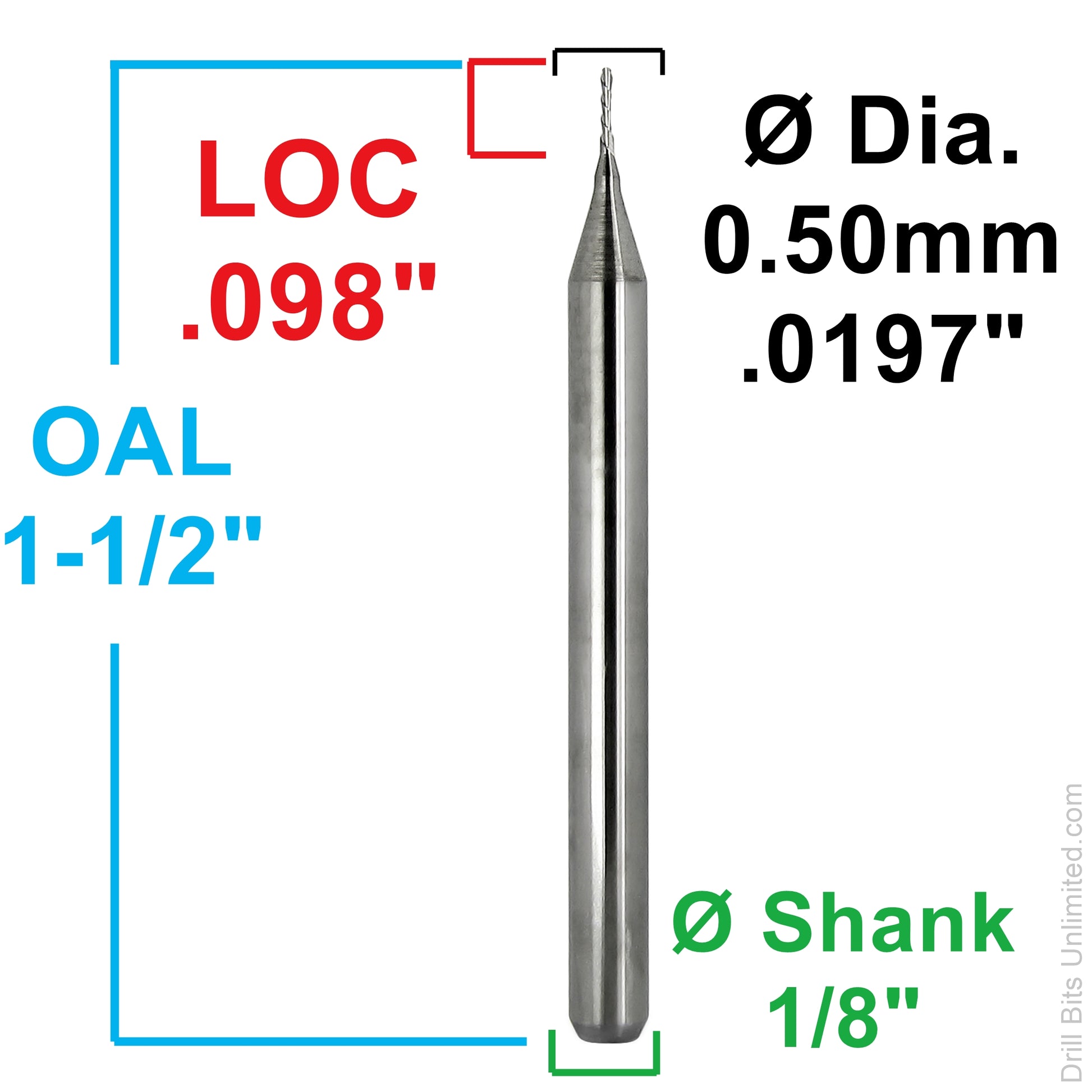 Dimension diagram for 0.50mm down-cut carbide end mill showing .098 inch LOC, 1.50 inch OAL, and 1/8 inch shank