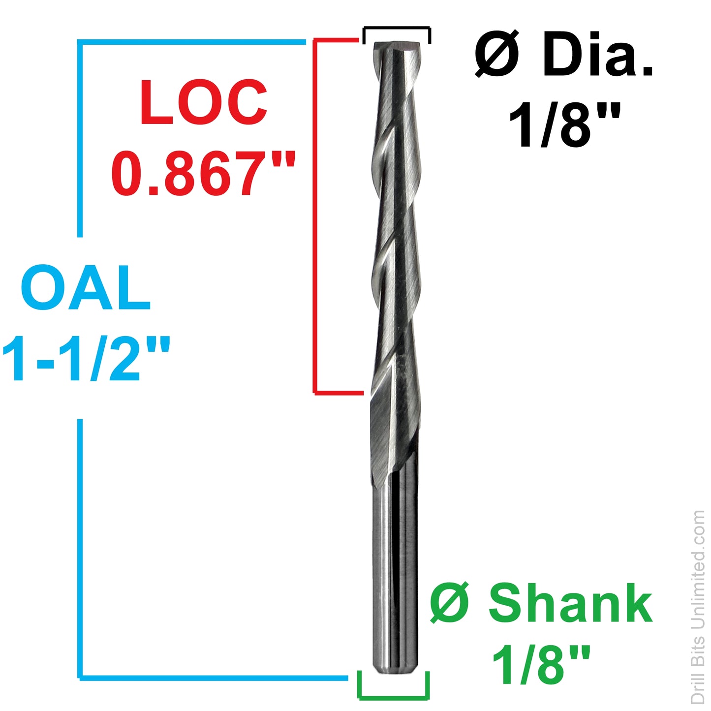 M2-190 1/8 inch carbide end mill dimensions showing .867 inch LOC, 1.50 inch overall length and 1/8 inch shank