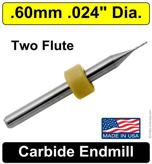 .024" 0.60mm x .079" LOC Two Flute Carbide End Mill Up Cut Square End Made in U.S.A. M200A