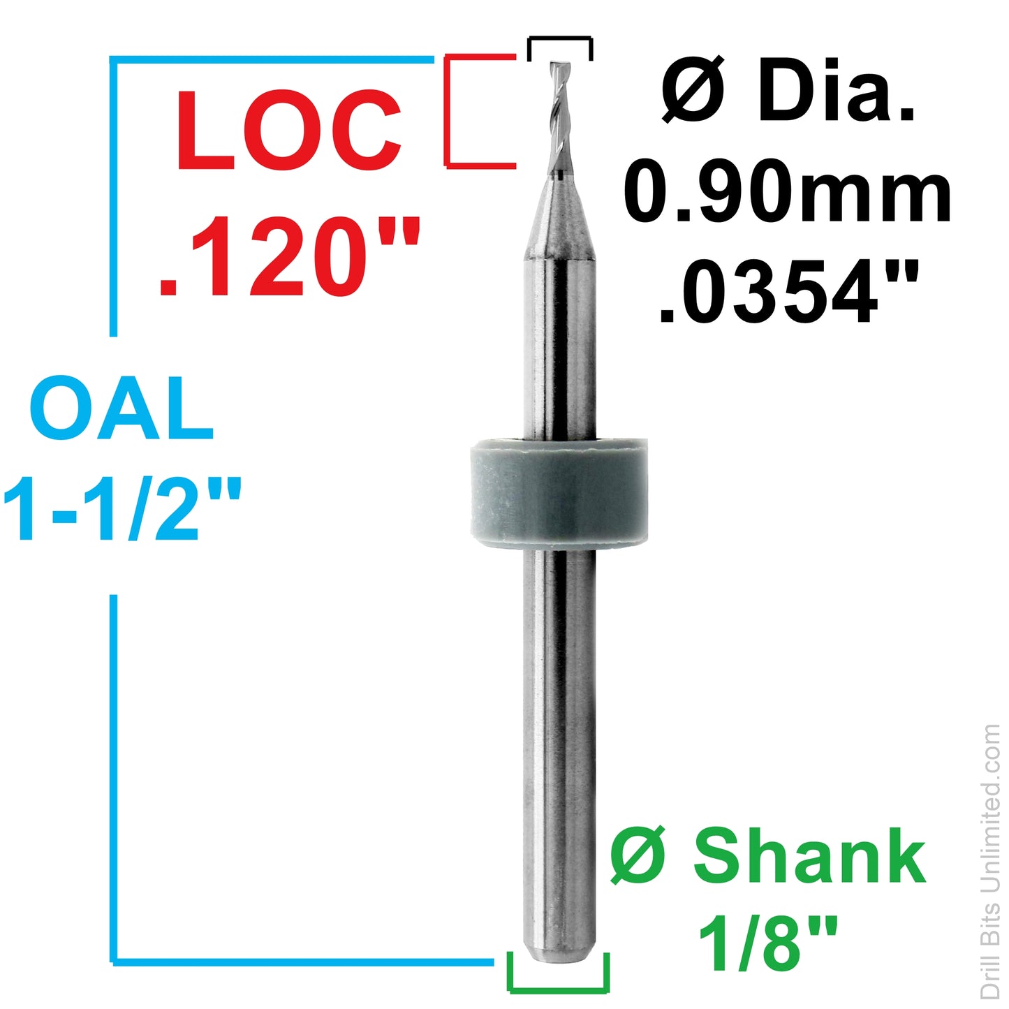 0.0354" (0.90mm) x .120" LOC 2-Flute Square End Carbide End Mill, 1/8" Shank | M205