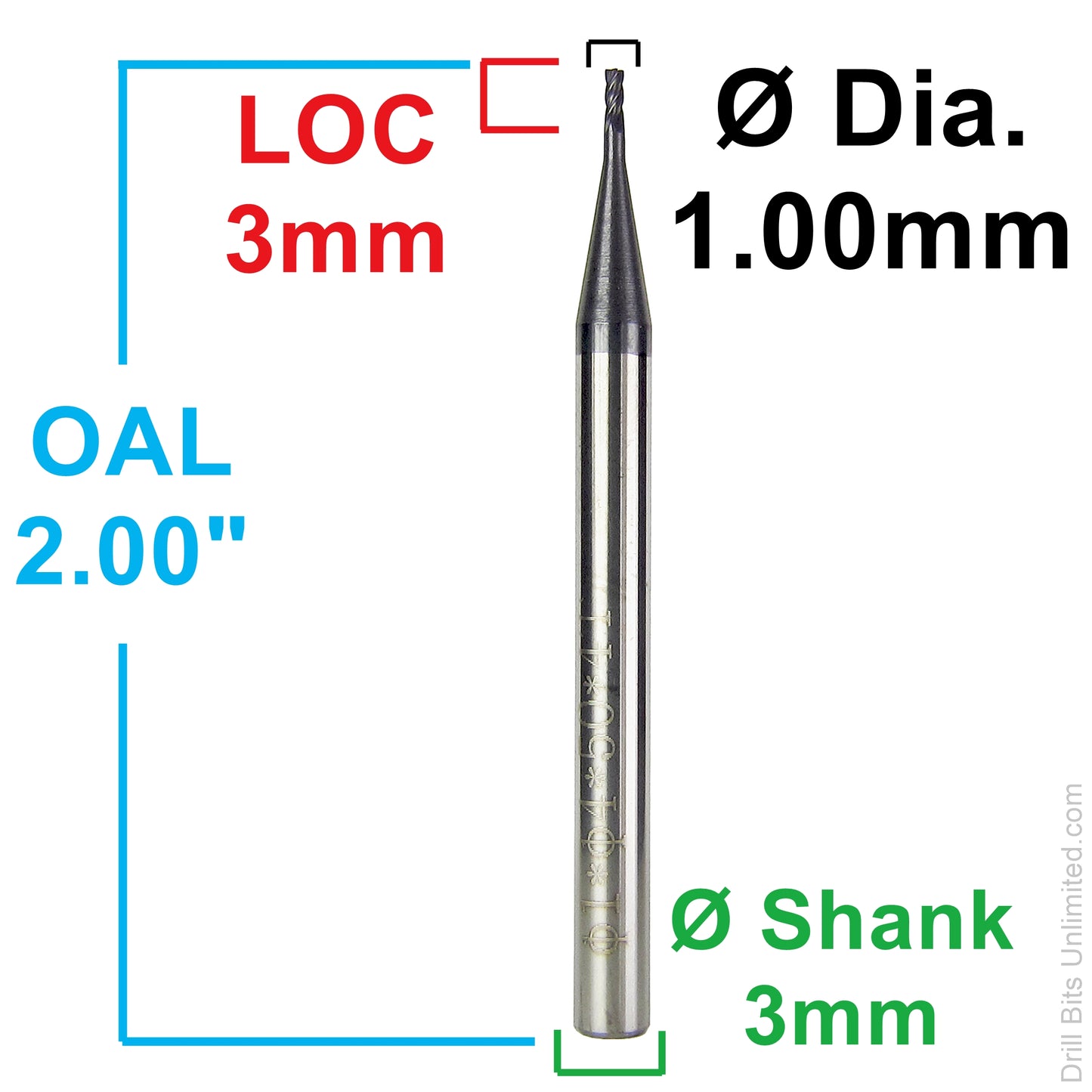 0.0394" / 1.00mm x 3mm LOC 4-Flute Nitride-Coated Carbide End Mill, Square End, 3mm LOC, 3mm Shank M4-100