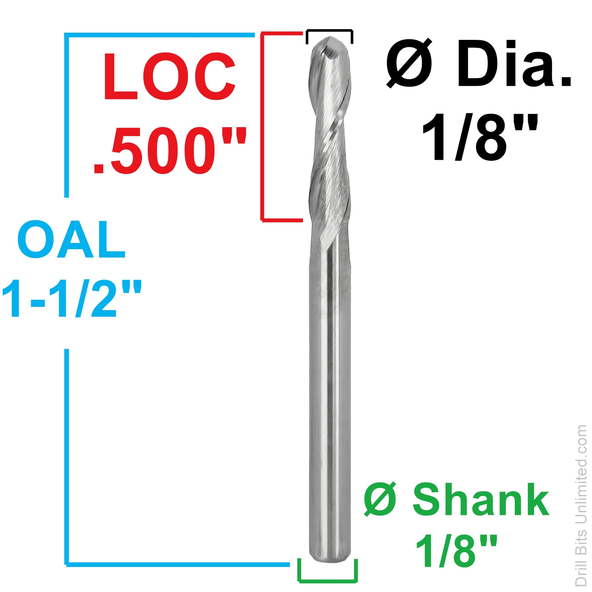 Dimension image for 1/8 inch ball nose carbide end mill showing .500 inch LOC, 1.50 inch OAL, and 1/8 inch shank