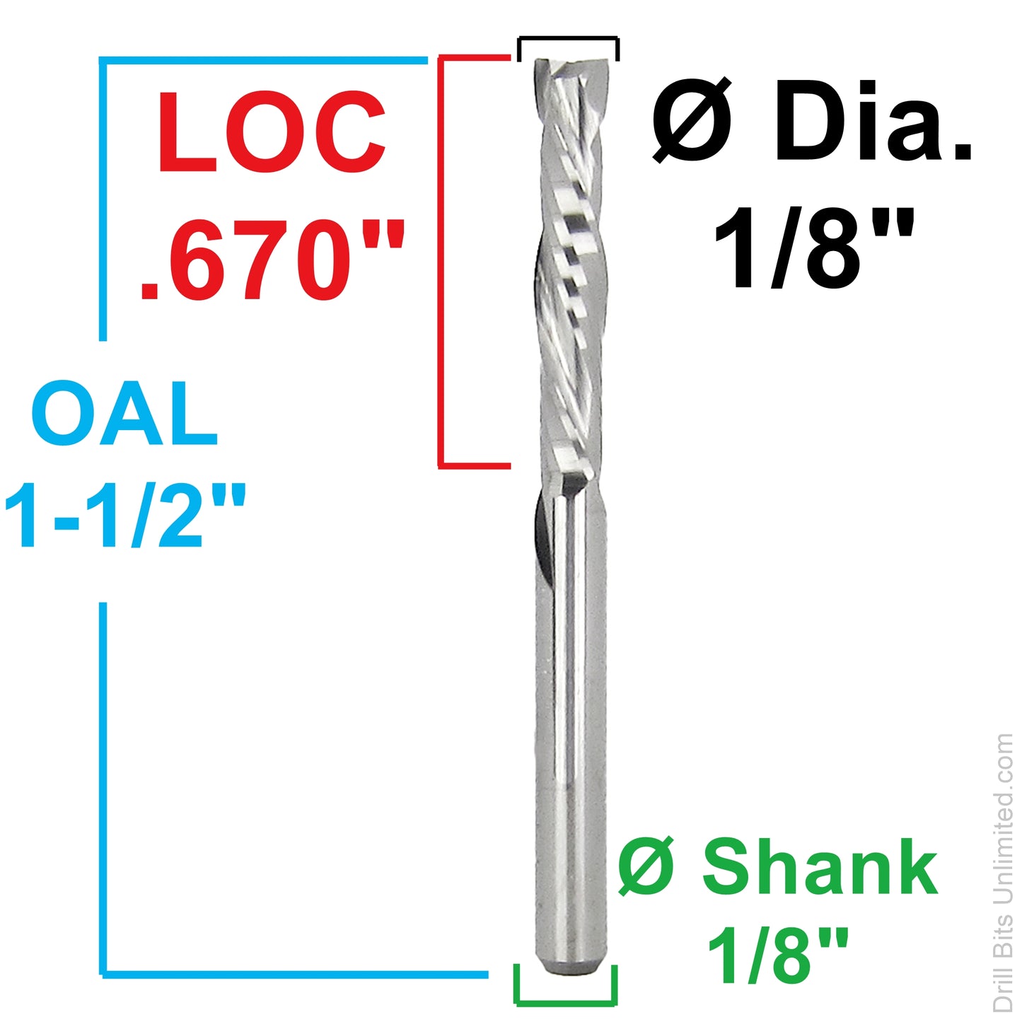 Dimension image for 1/8 inch compression carbide end mill showing .670 inch LOC, 1.50 inch OAL, and 1/8 inch shank
