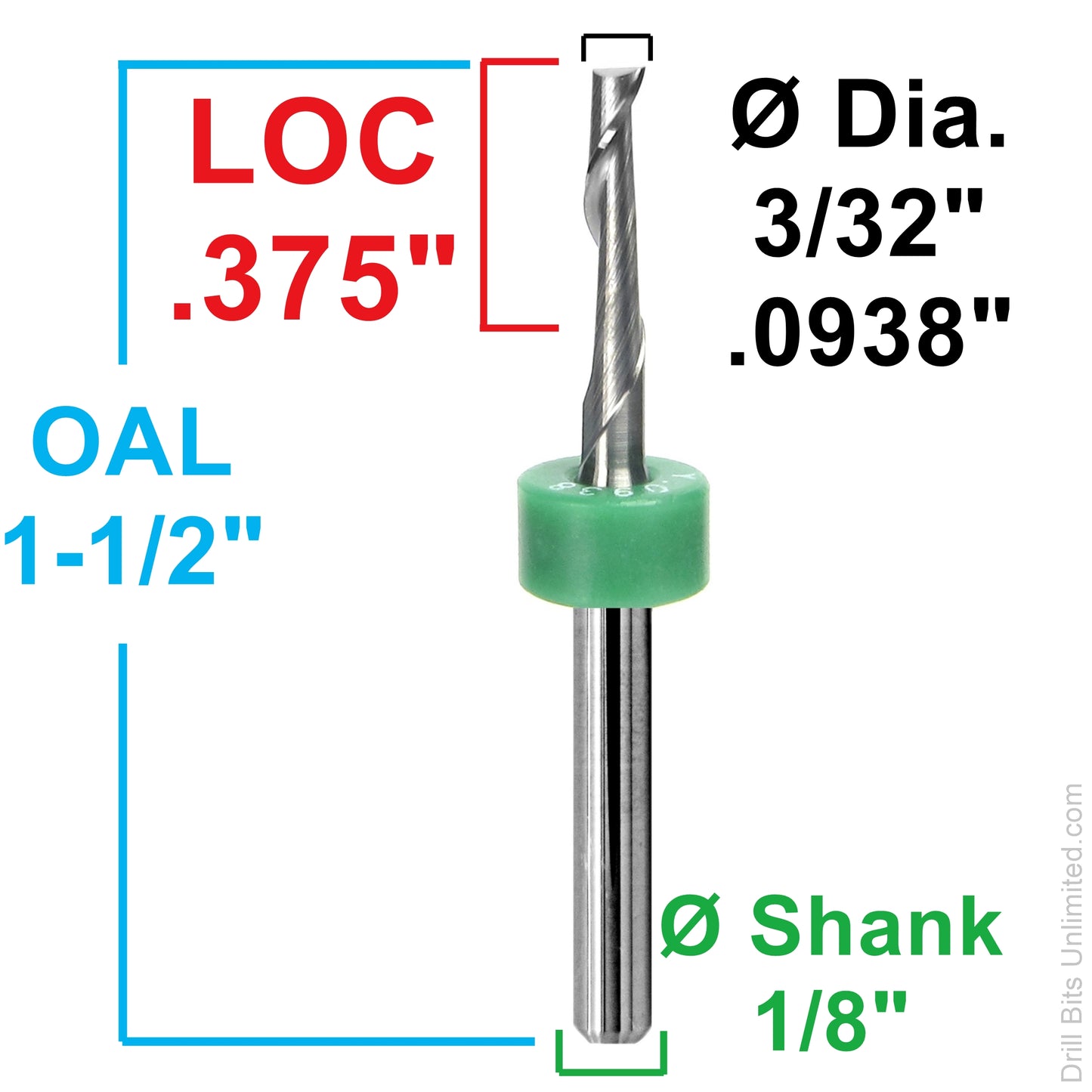 Dimension image for 3/32 inch 1-flute carbide end mill showing .375 inch LOC, 1-1/2 inch OAL, and 1/8 inch shank