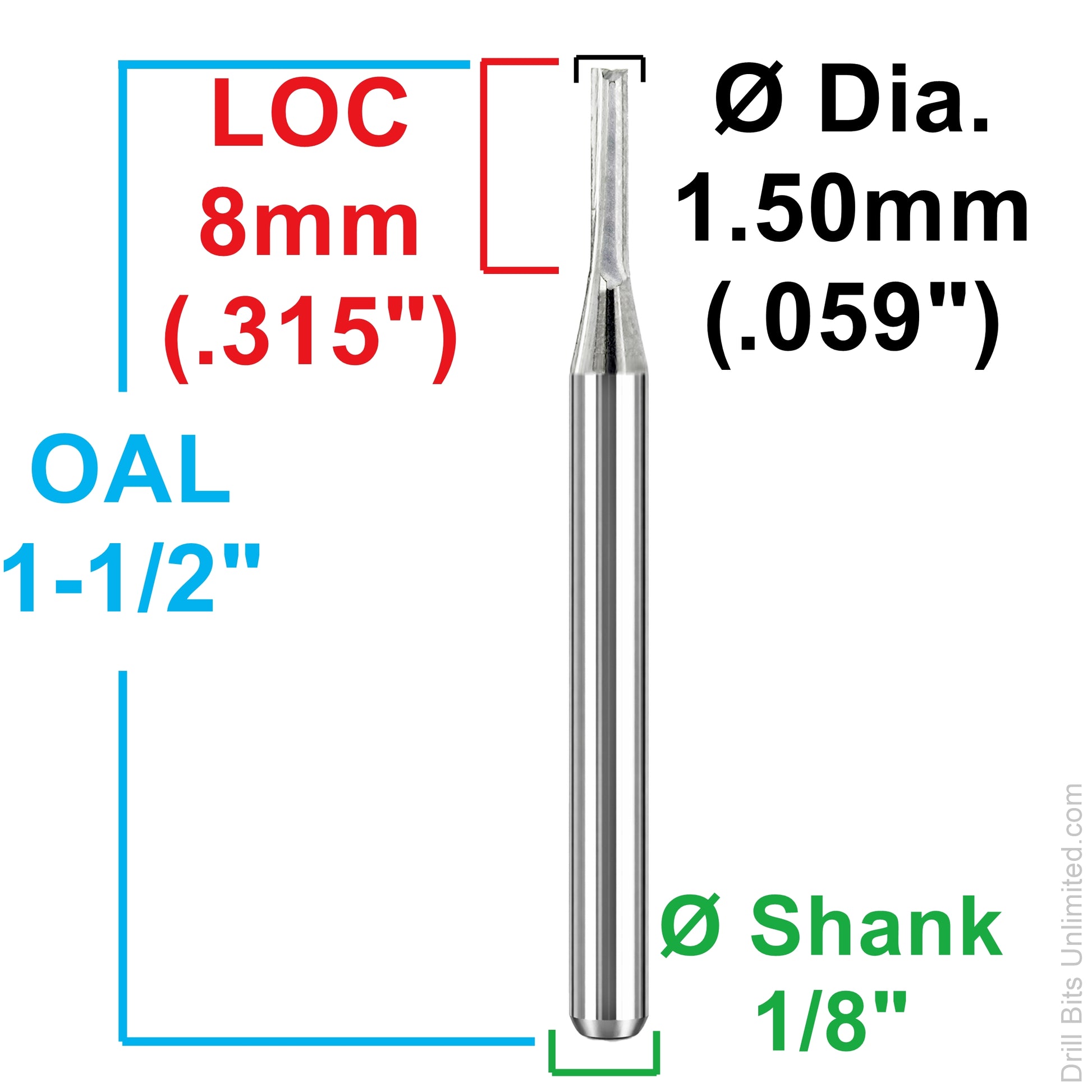 Dimension image for 1.50mm straight-flute carbide end mill showing .319 inch LOC, 1.50 inch OAL, and 1/8 inch shank