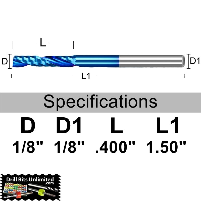 1/8" x .400" Depth Single O-Flute Carbide End Mill Nano Coated for Wood Aluminum Plastic M235A