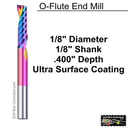 1/8 inch ultra-coated single O-flute carbide end mill with 1/8 inch shank