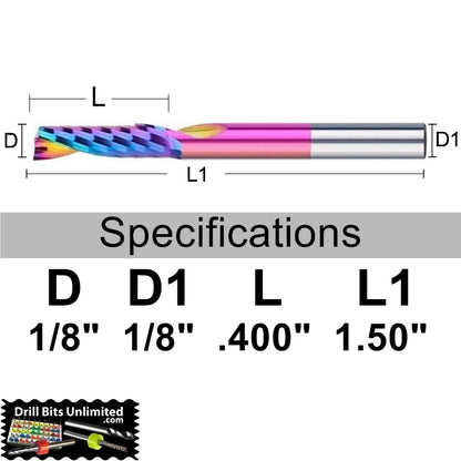 Dimension image for 1/8 inch ultra-coated single O-flute carbide end mill showing .400 inch LOC, 2.00 inch OAL, and 1/8 inch shank