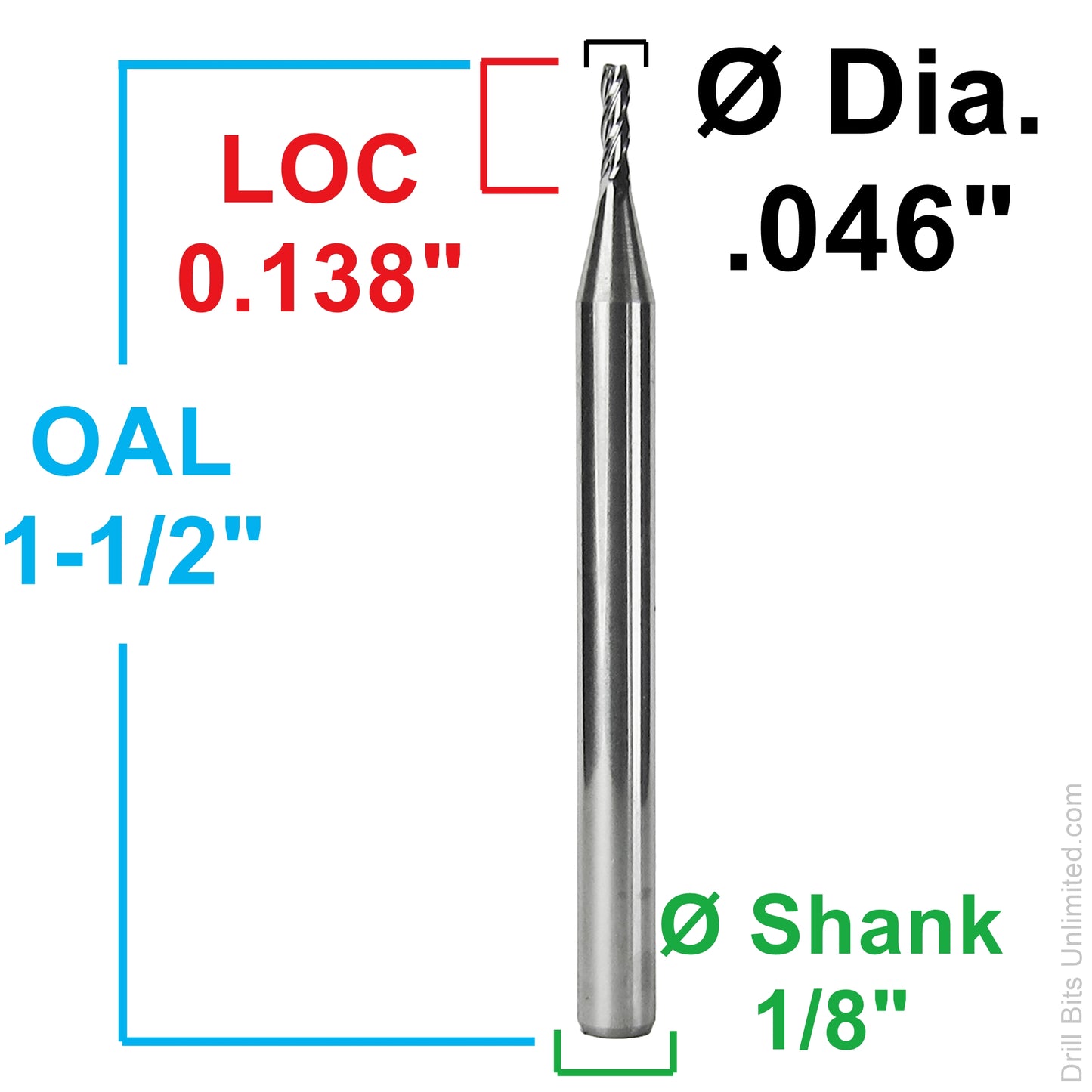 Dimension diagram for Harvey Tool 73046 showing 0.046 inch diameter, 0.138 inch LOC, 1-1/2 inch OAL, and 1/8 inch shank