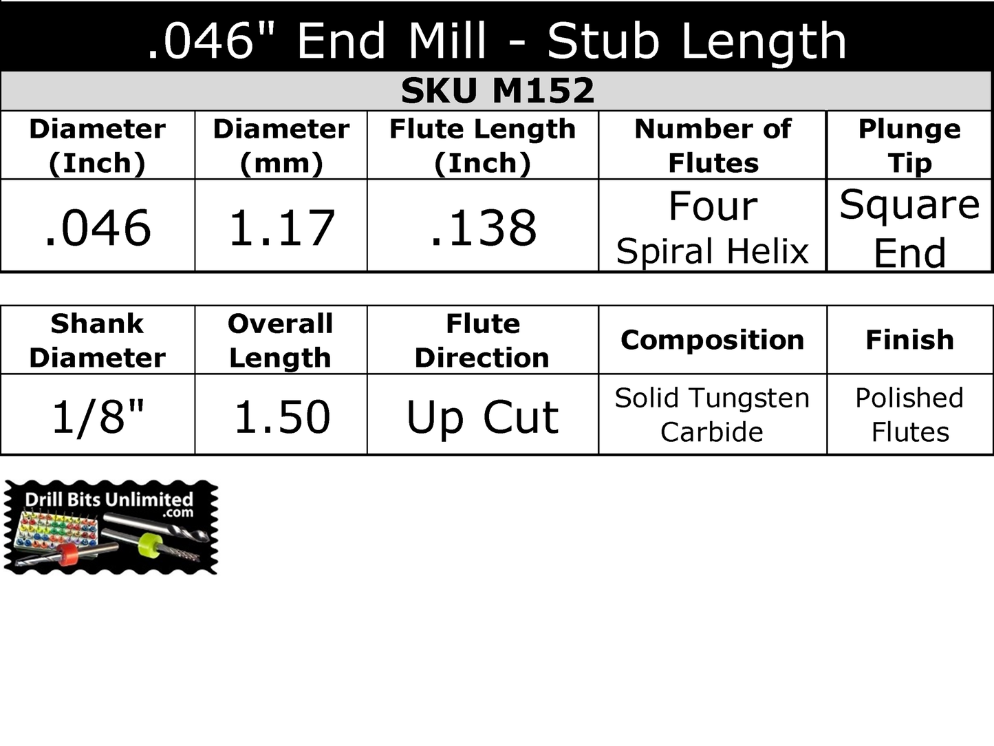 .046 Four Flute End Mill, Stub Length